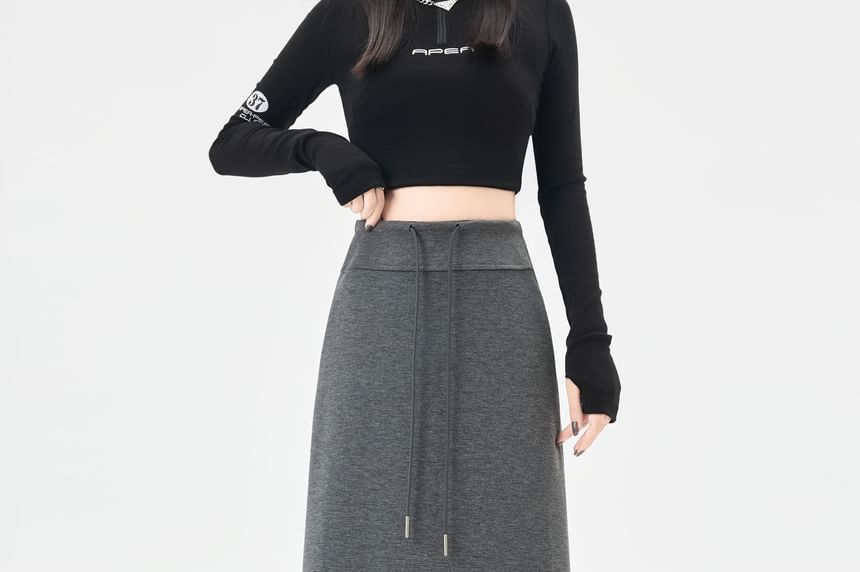 Drawstring Waist Plain Maxi Skirt