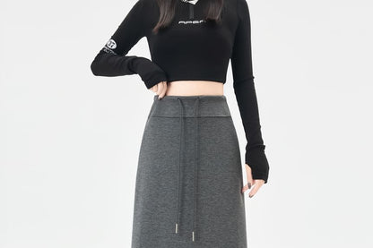 Drawstring Waist Plain Maxi Skirt