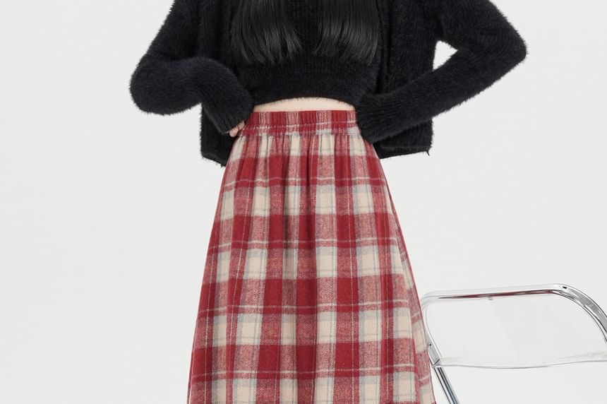 High Rise Plaid Maxi A-Line Skirt
