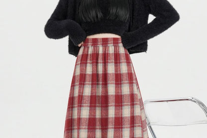 High Rise Plaid Maxi A-Line Skirt