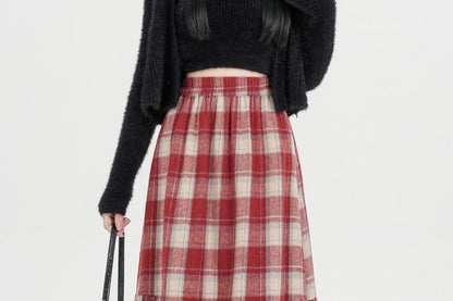 High Rise Plaid Maxi A-Line Skirt