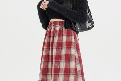 High Rise Plaid Maxi A-Line Skirt
