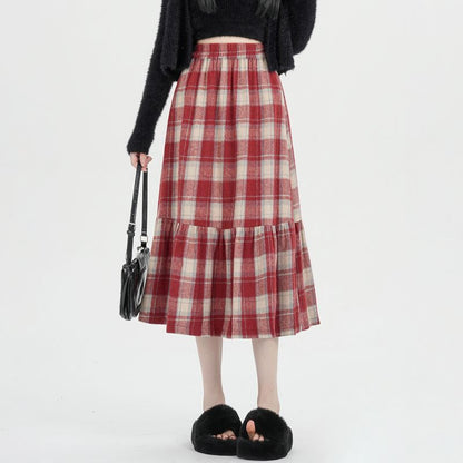High Rise Plaid Maxi A-Line Skirt