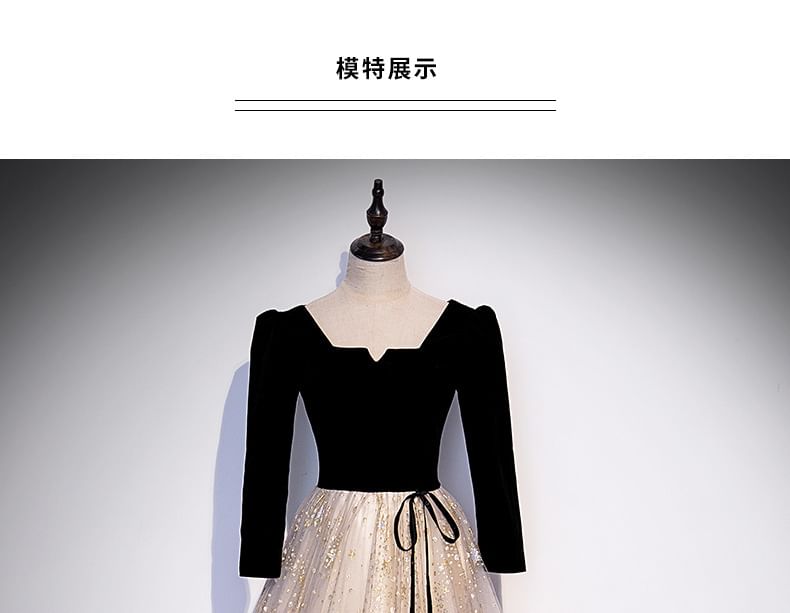 Star / Long-Sleeve A-Line Evening Print Notch Gown Short-Sleeve Mesh Panel Neck