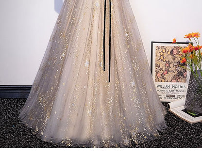 Star / Long-Sleeve A-Line Evening Print Notch Gown Short-Sleeve Mesh Panel Neck