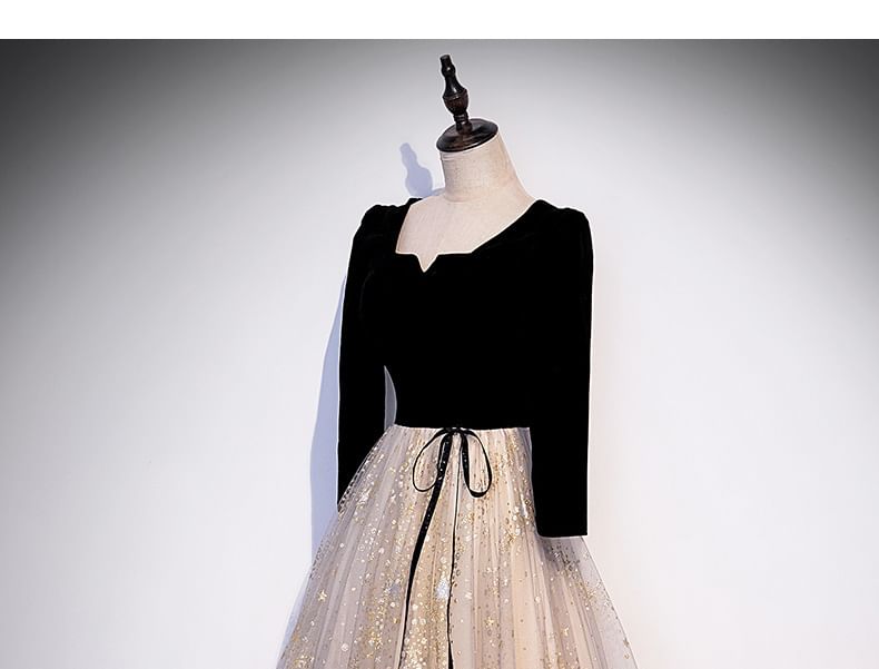 Star / Long-Sleeve A-Line Evening Print Notch Gown Short-Sleeve Mesh Panel Neck