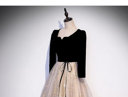 Star / Long-Sleeve A-Line Evening Print Notch Gown Short-Sleeve Mesh Panel Neck