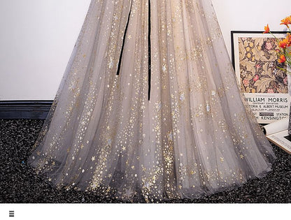 Star / Long-Sleeve A-Line Evening Print Notch Gown Short-Sleeve Mesh Panel Neck