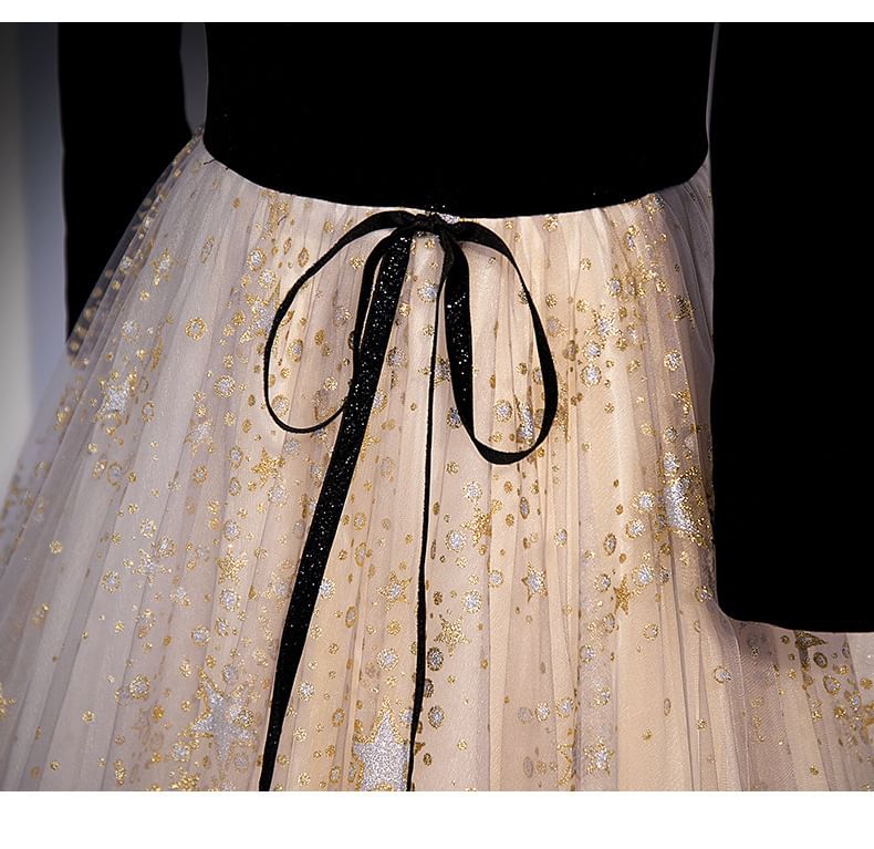 Star / Long-Sleeve A-Line Evening Print Notch Gown Short-Sleeve Mesh Panel Neck