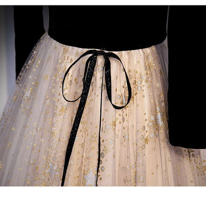 Star / Long-Sleeve A-Line Evening Print Notch Gown Short-Sleeve Mesh Panel Neck