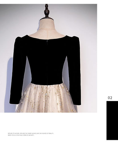 Star / Long-Sleeve A-Line Evening Print Notch Gown Short-Sleeve Mesh Panel Neck