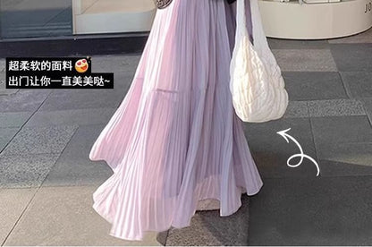 Solid Color Maxi A-Line Skirt with High Waist