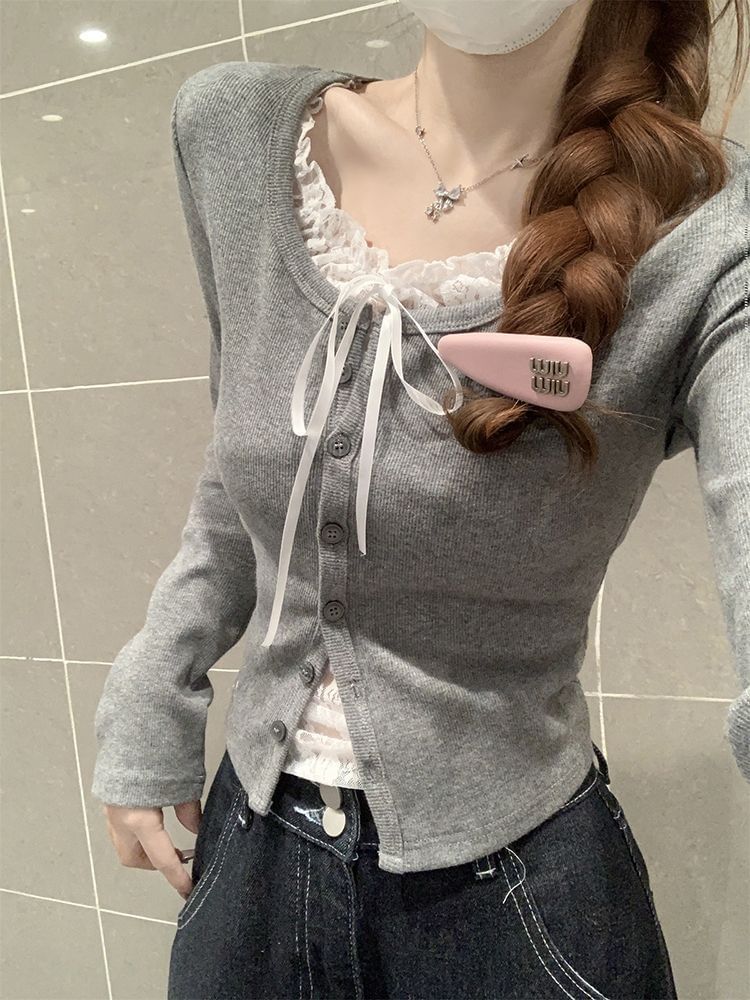 Mock Two-Piece Long-Sleeve Lace Top