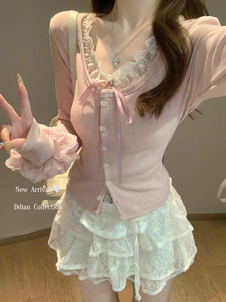 Mock Two-Piece Long-Sleeve Lace Top