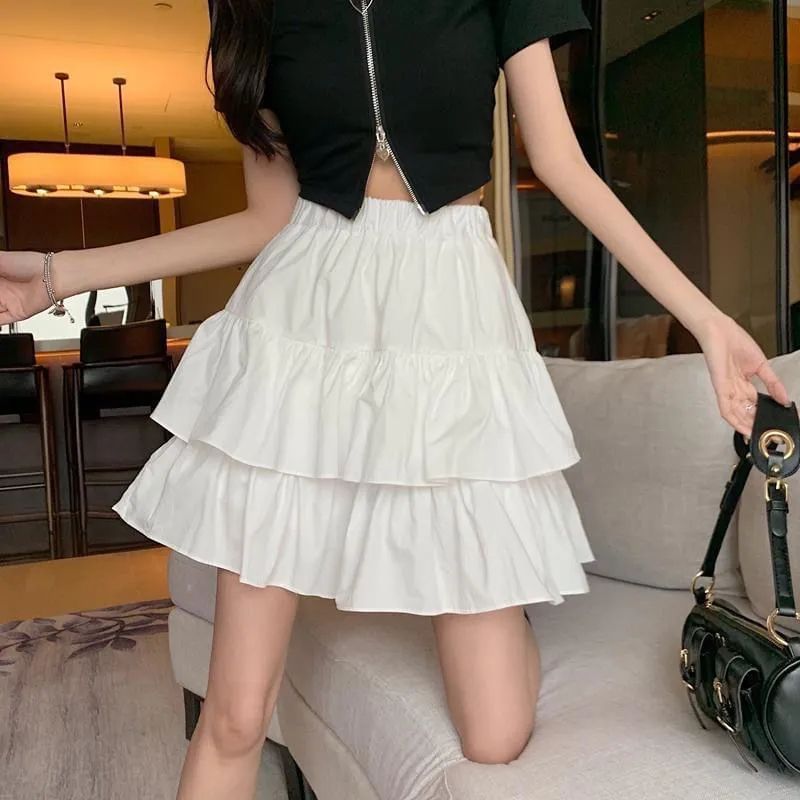 Solid Mini Tiered Skirt with High Waist