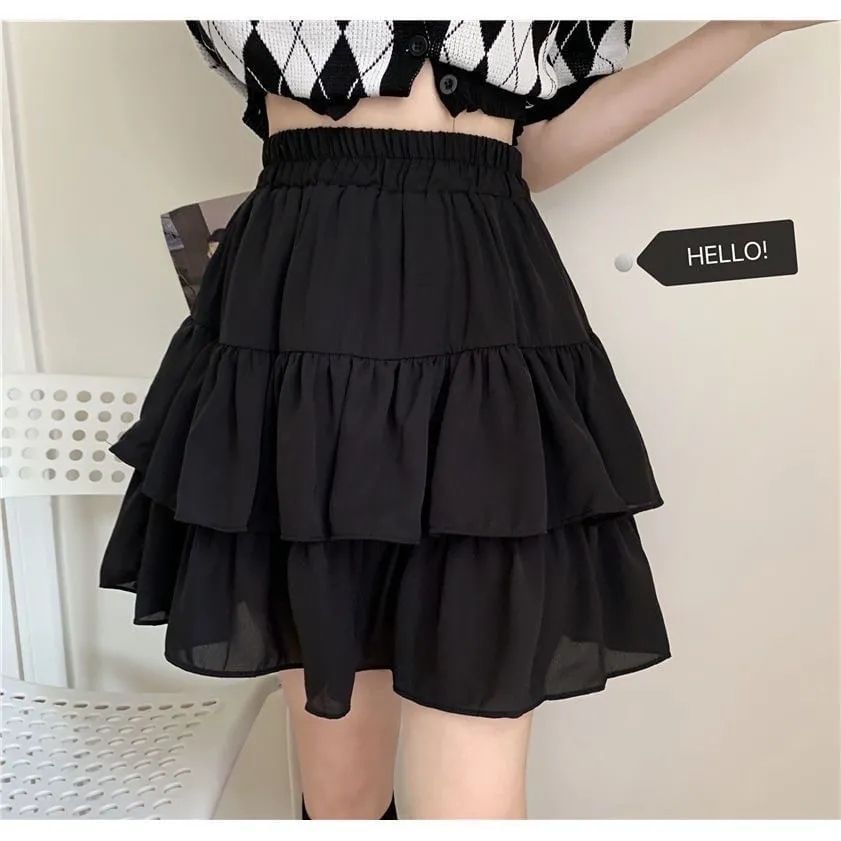 Solid Mini Tiered Skirt with High Waist