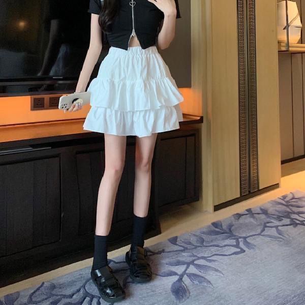 Solid Mini Tiered Skirt with High Waist