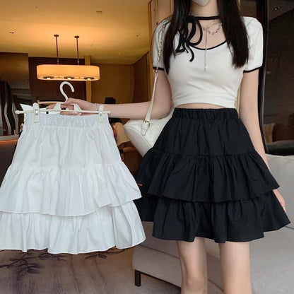 Solid Mini Tiered Skirt with High Waist