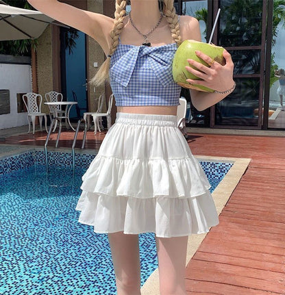 Solid Mini Tiered Skirt with High Waist