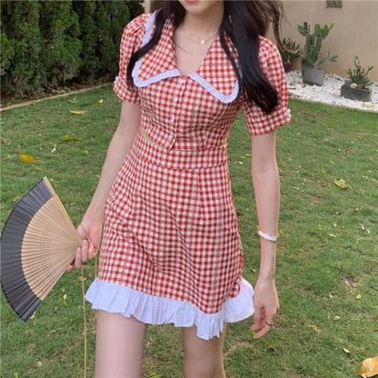 Puff Sleeve Gingham Crop Button Up Blouse High Rise Mini A-Line Skirt Set