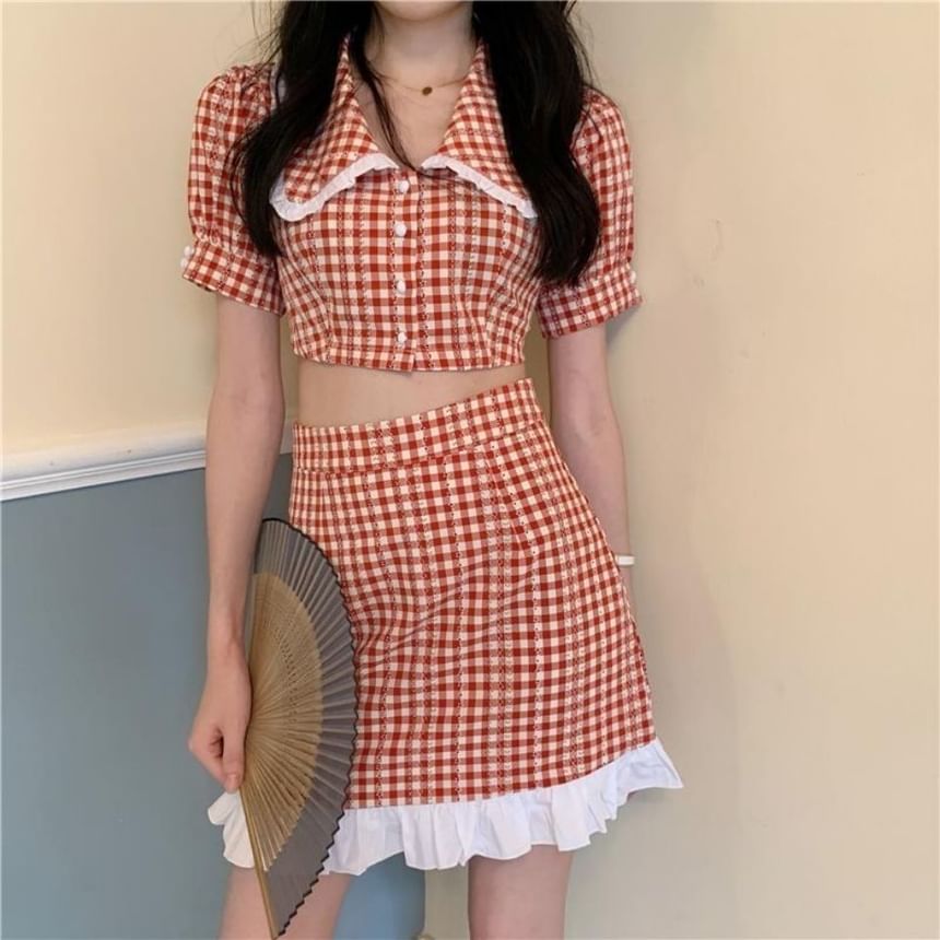 Puff Sleeve Gingham Crop Button Up Blouse High Rise Mini A-Line Skirt Set