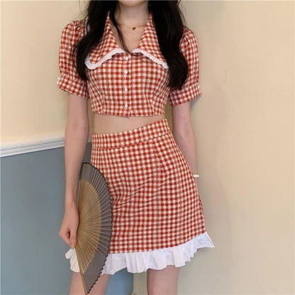 Puff Sleeve Gingham Crop Button Up Blouse High Rise Mini A-Line Skirt Set