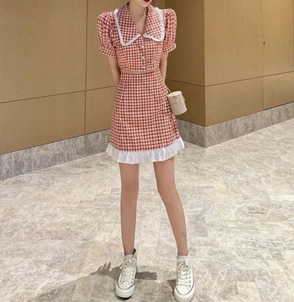 Puff Sleeve Gingham Crop Button Up Blouse High Rise Mini A-Line Skirt Set