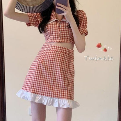 Puff Sleeve Gingham Crop Button Up Blouse High Rise Mini A-Line Skirt Set