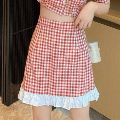 Puff Sleeve Gingham Crop Button Up Blouse High Rise Mini A-Line Skirt Set