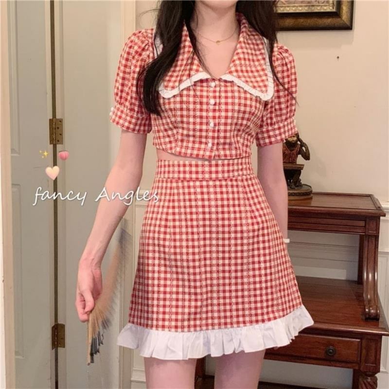 Puff Sleeve Gingham Crop Button Up Blouse High Rise Mini A-Line Skirt Set