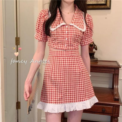 Puff Sleeve Gingham Crop Button Up Blouse High Rise Mini A-Line Skirt Set