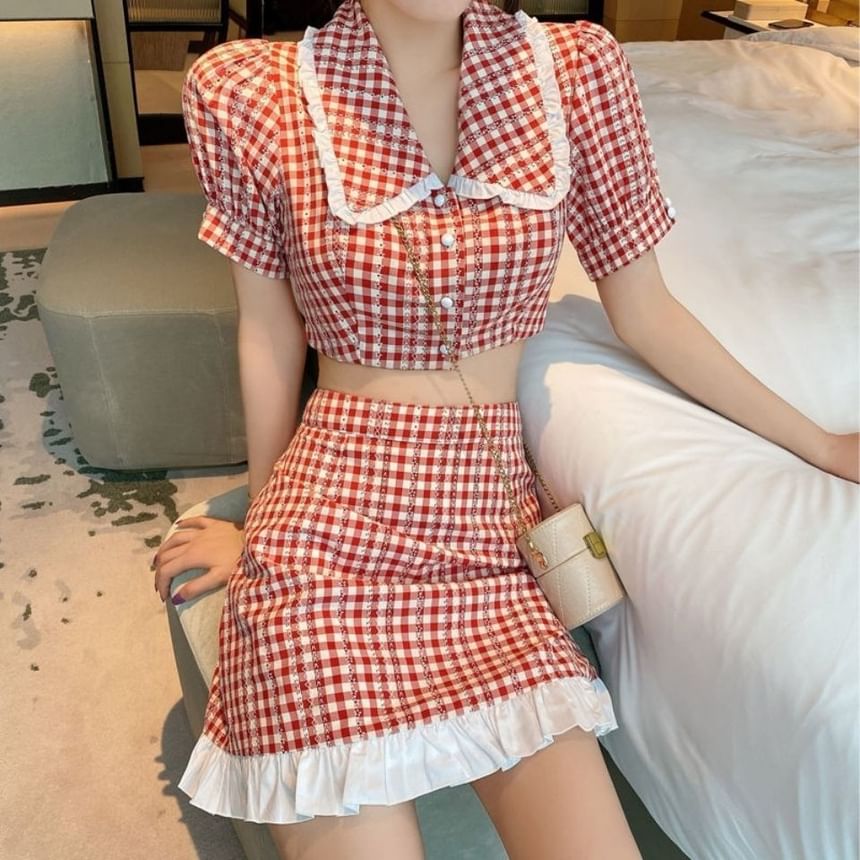 Puff Sleeve Gingham Crop Button Up Blouse High Rise Mini A-Line Skirt Set