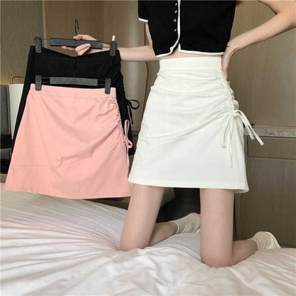 High Rise Plain Drawstring Mini A-Line Skirt