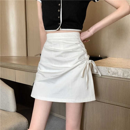High Rise Plain Drawstring Mini A-Line Skirt