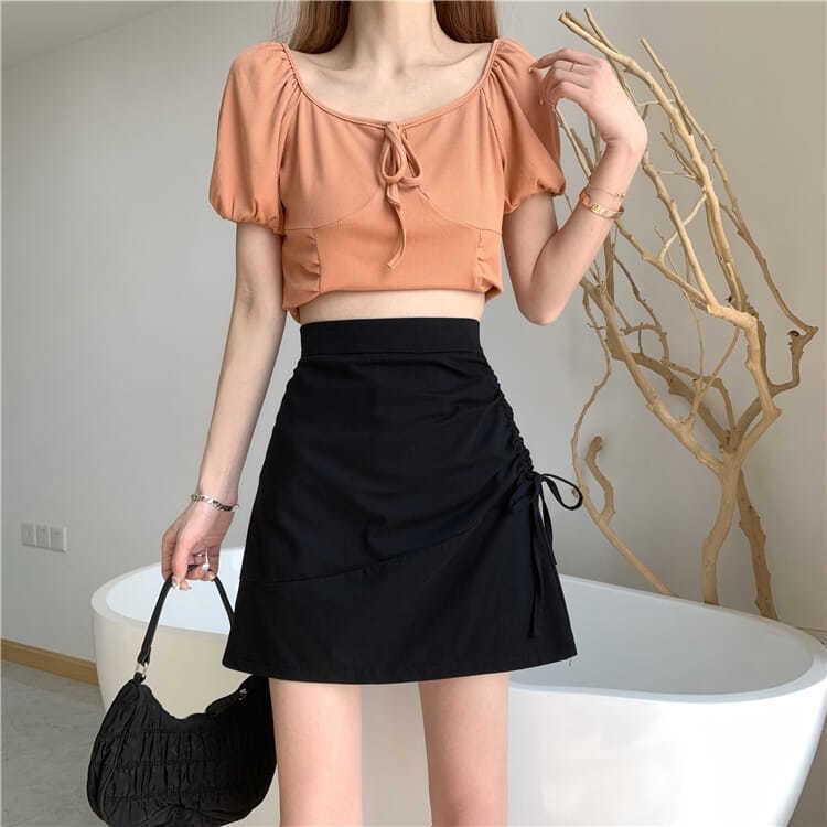 High Rise Plain Drawstring Mini A-Line Skirt