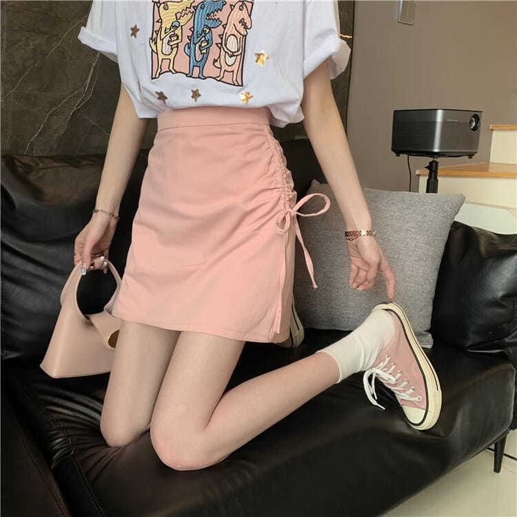 High Rise Plain Drawstring Mini A-Line Skirt