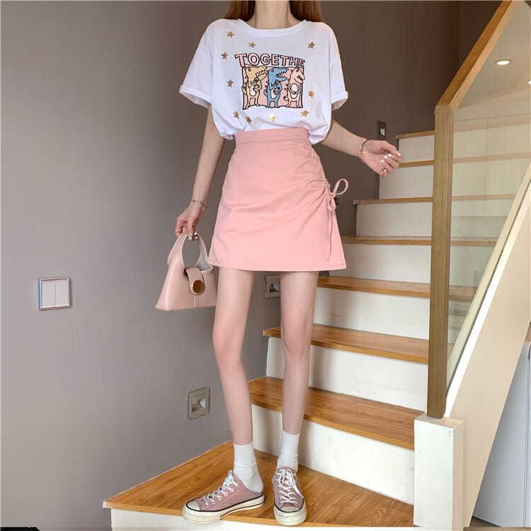 High Rise Plain Drawstring Mini A-Line Skirt