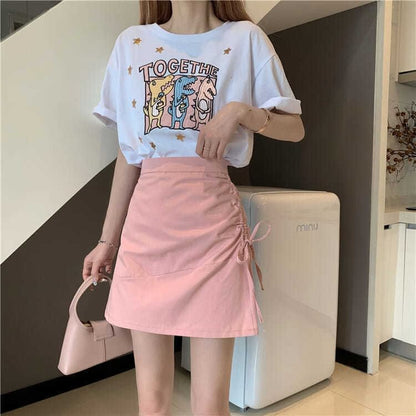 High Rise Plain Drawstring Mini A-Line Skirt
