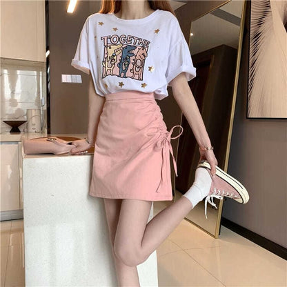 High Rise Plain Drawstring Mini A-Line Skirt