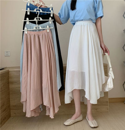 High Rise Plain Asymmetrical Midi A-Line Skirt