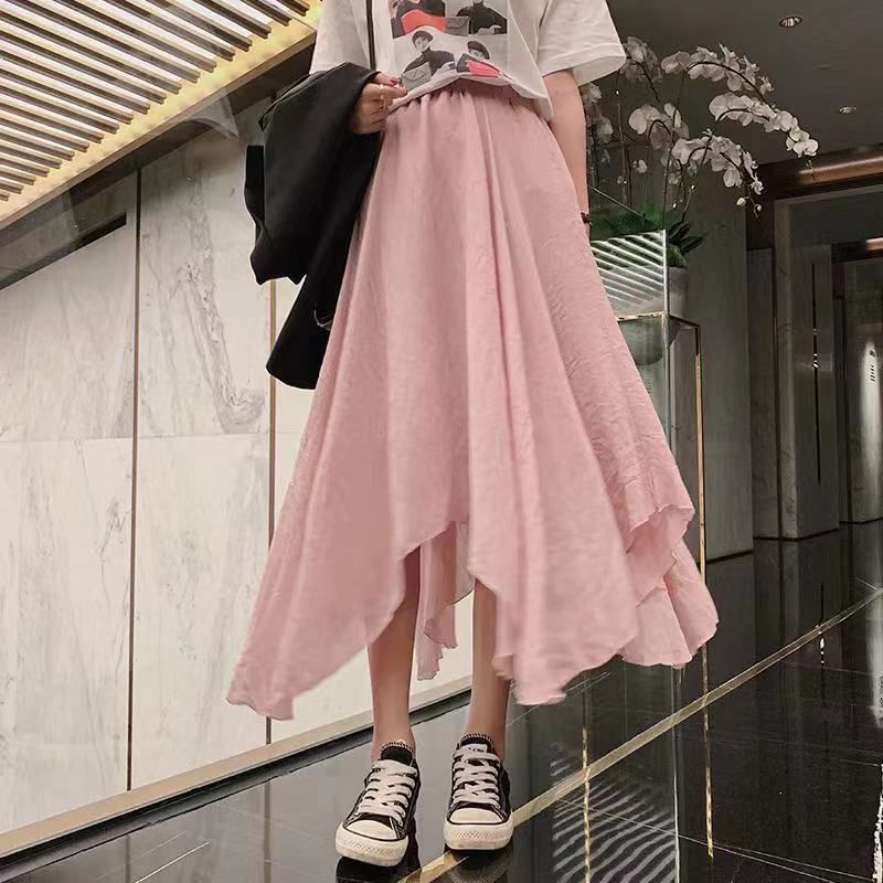 High Rise Plain Asymmetrical Midi A-Line Skirt