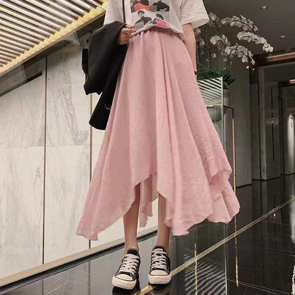 High Rise Plain Asymmetrical Midi A-Line Skirt