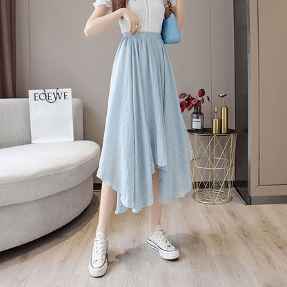 High Rise Plain Asymmetrical Midi A-Line Skirt