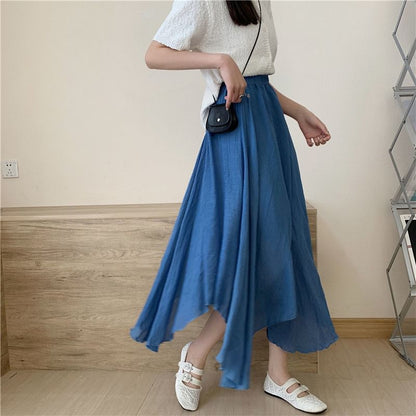 High Rise Plain Asymmetrical Midi A-Line Skirt