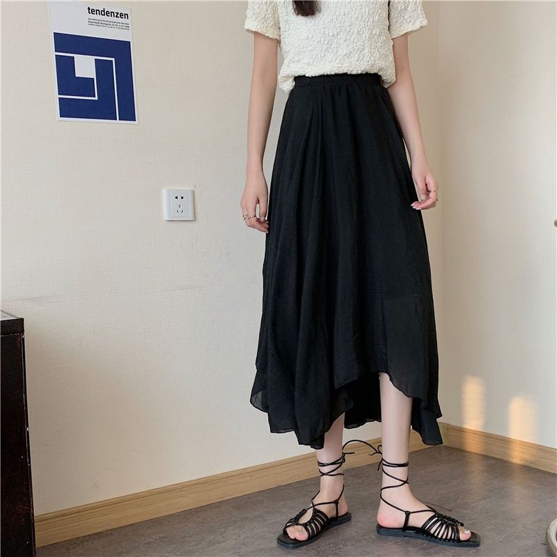 High Rise Plain Asymmetrical Midi A-Line Skirt