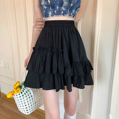 High Waist Plain Mini A-Line Layered Ruffled Skirt