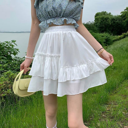 High Waist Plain Mini A-Line Layered Ruffled Skirt