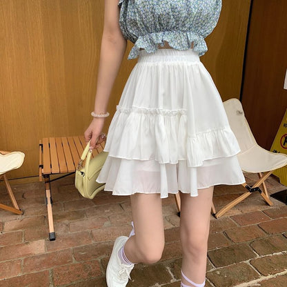High Waist Plain Mini A-Line Layered Ruffled Skirt