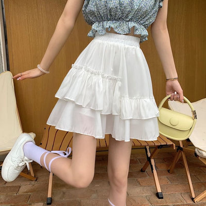 High Waist Plain Mini A-Line Layered Ruffled Skirt