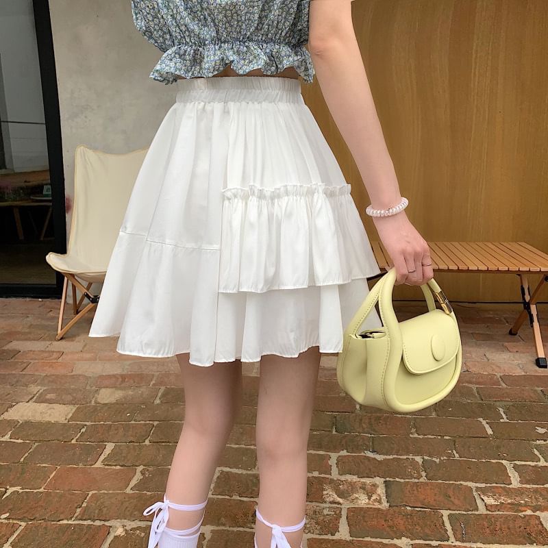 High Waist Plain Mini A-Line Layered Ruffled Skirt